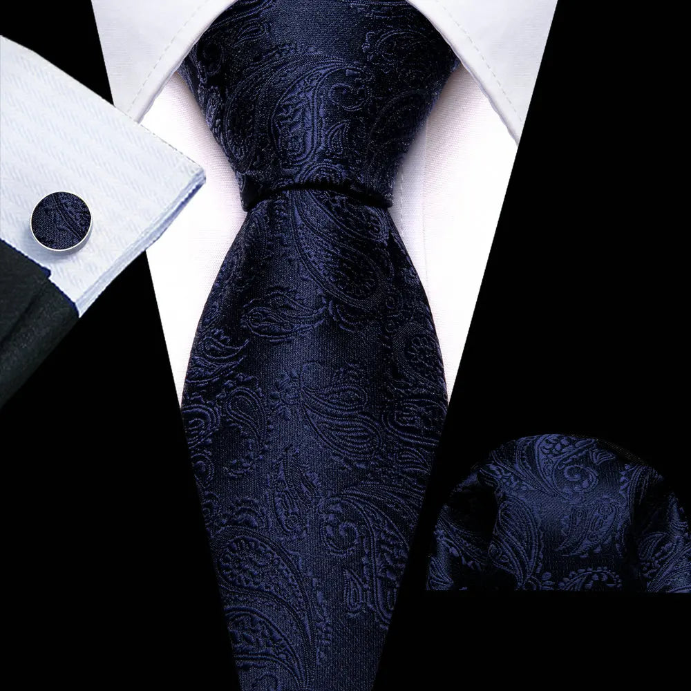 Navy Blue Luxury Silk Jacquard Floral Paisley Necktie