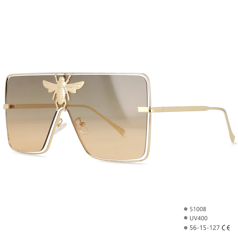 Brown Luxury Square Metal Bee Sunglasses