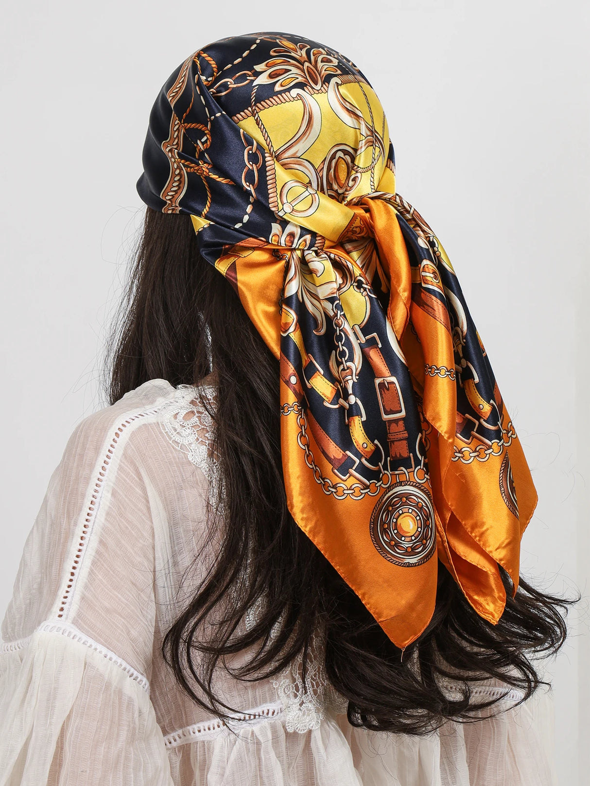 Orange Luxury Square Silk Hijab Shawls Scarves Foulard Bandana
