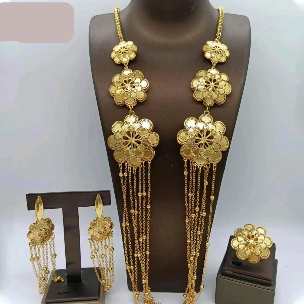 Flower Gold Luxury Tassel Jewelry Set Gold-Tone Long Necklace