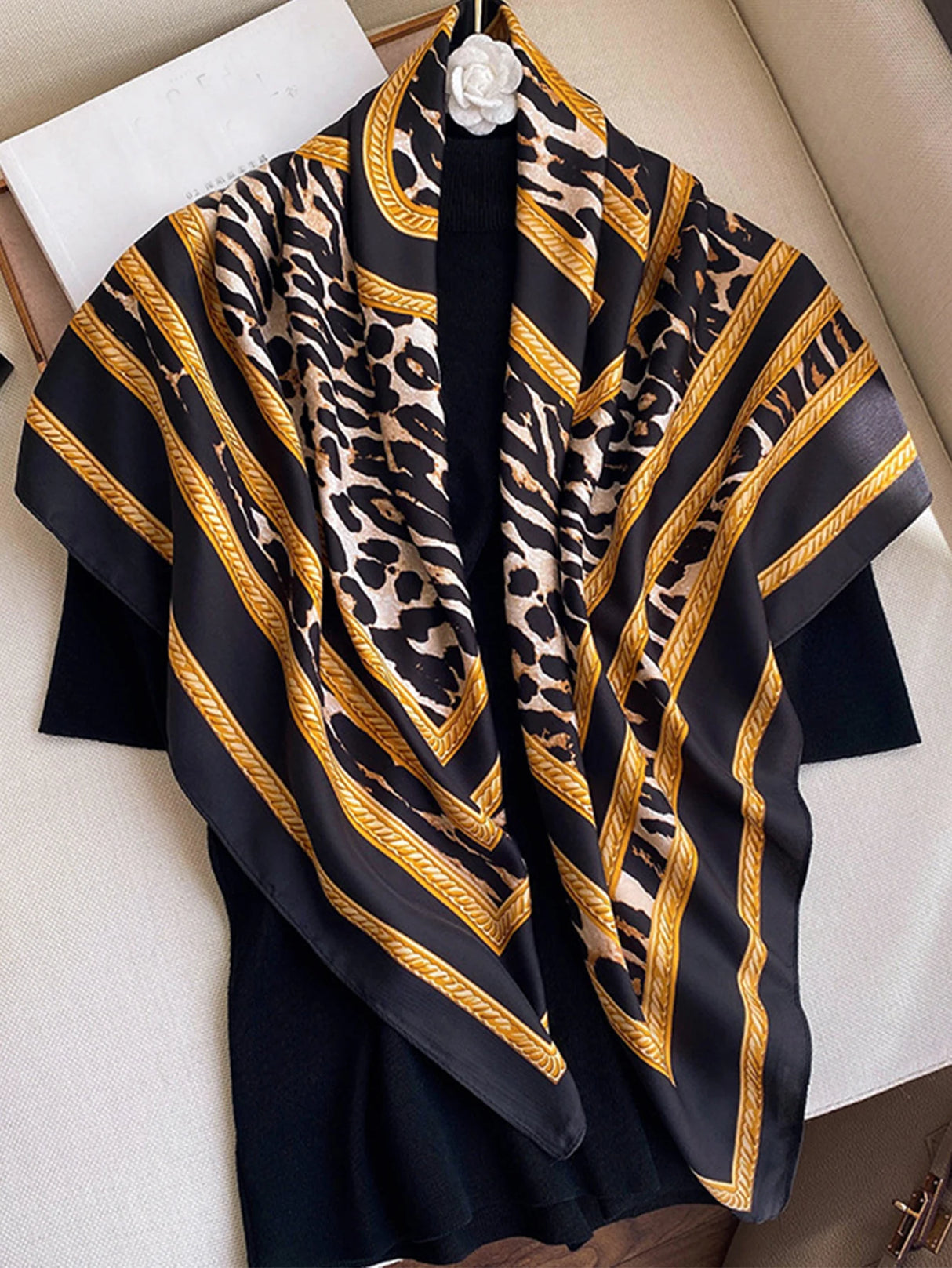 Gold Black Luxury Women Head Scarf Square 90*90cm Silk Foulard Satin Bandana