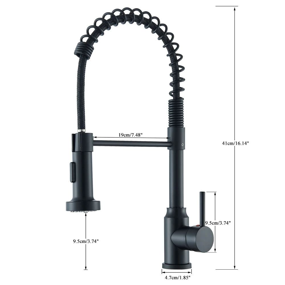 Matte black spring kitchen faucet with single handle and hot/cold water mixer