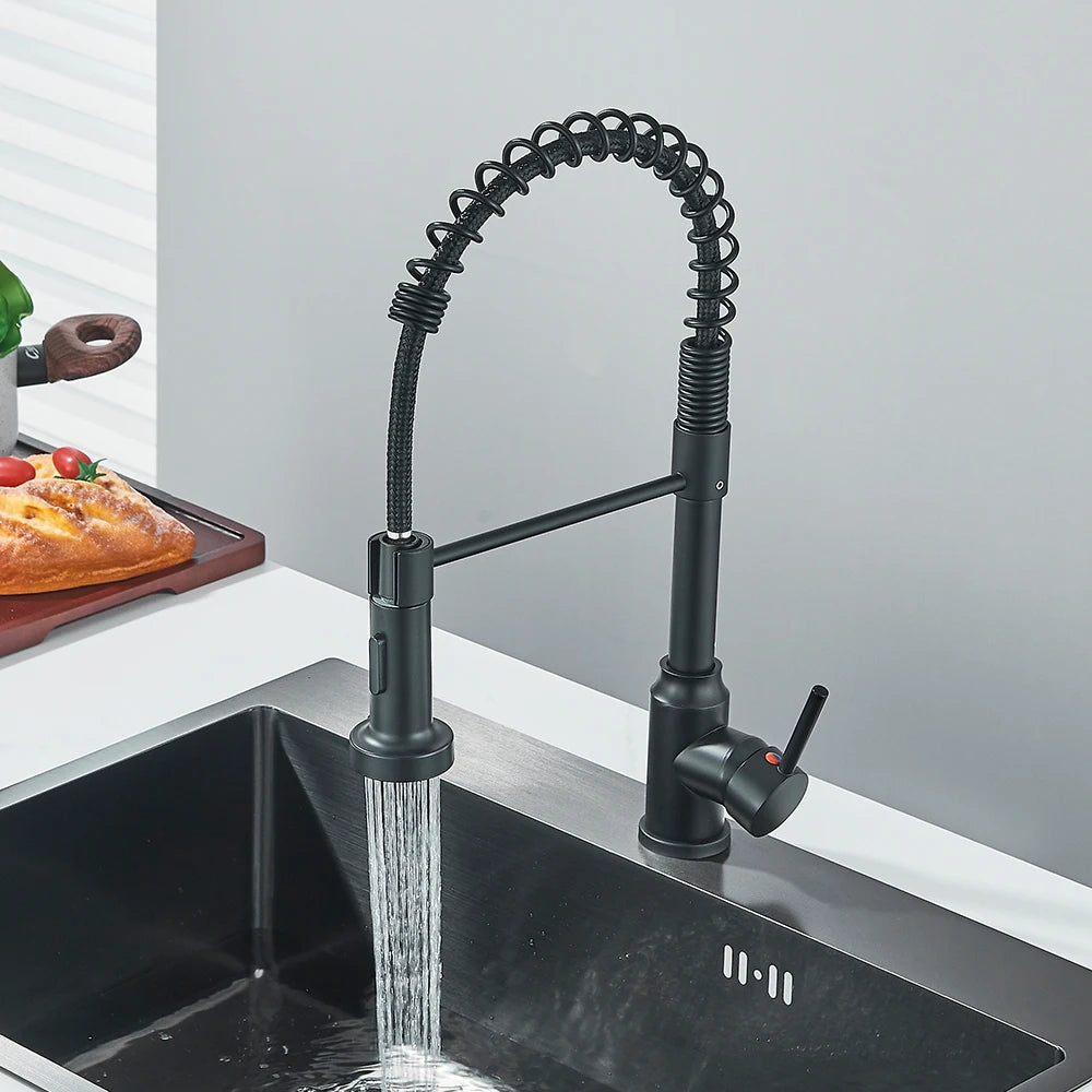 Matte black spring kitchen faucet with single handle and hot/cold water mixer