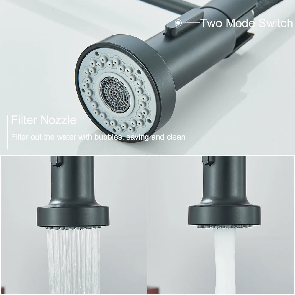 Matte black spring kitchen faucet with single handle and hot/cold water mixer