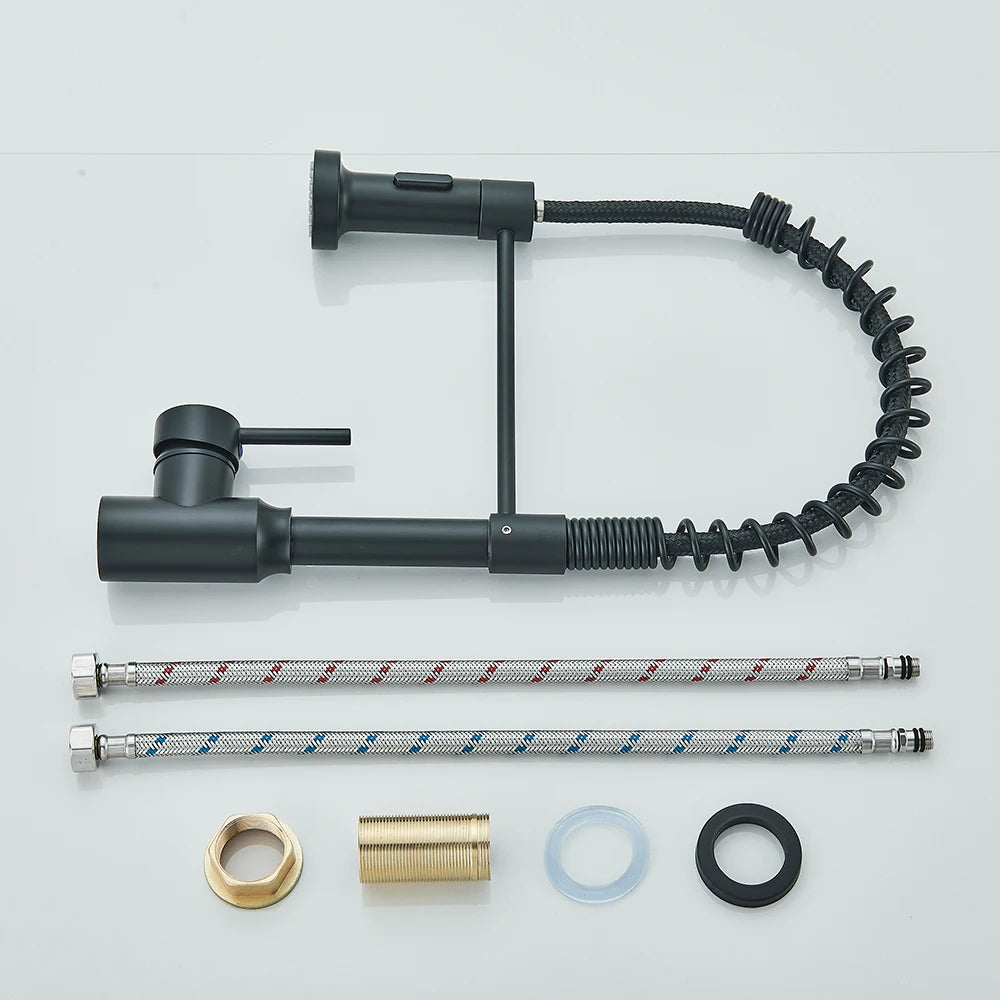 Matte black spring kitchen faucet with single handle and hot/cold water mixer