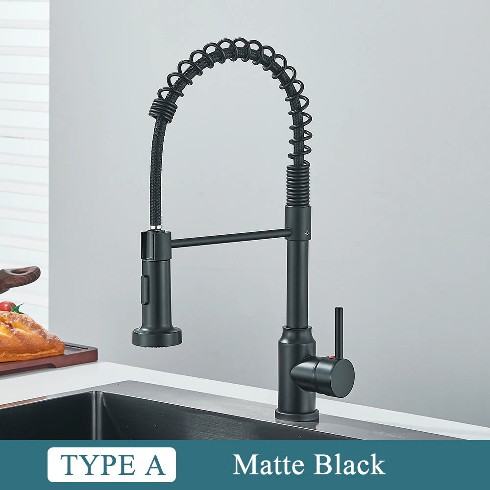 Matte black spring kitchen faucet with single handle and hot/cold water mixer
