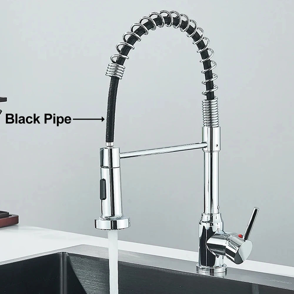 Matte black spring kitchen faucet with single handle and hot/cold water mixer