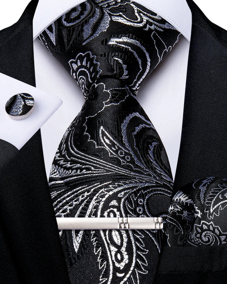 black white floral pattern tie set