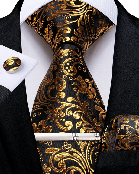 black gold floral pattern tie set