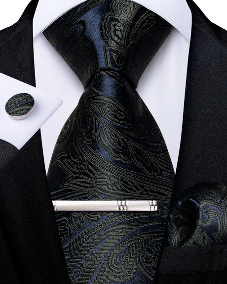 blue black paisley tie set