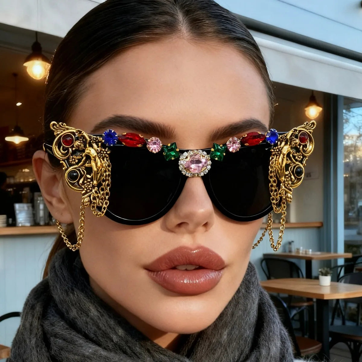 Model Using Metal Chain Vintage Cat Eye Rhinestone Sunglasses