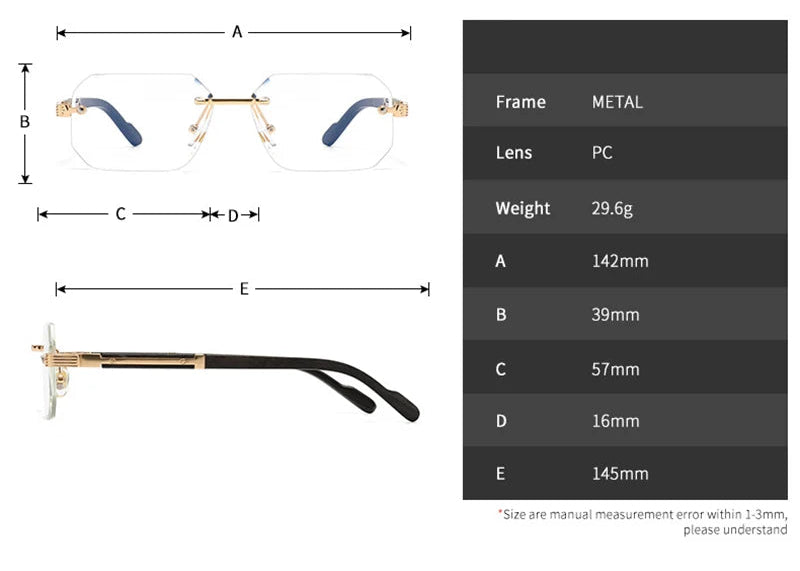 Size of Metal Diamond Cutting Rivet Rimless Sunglasses