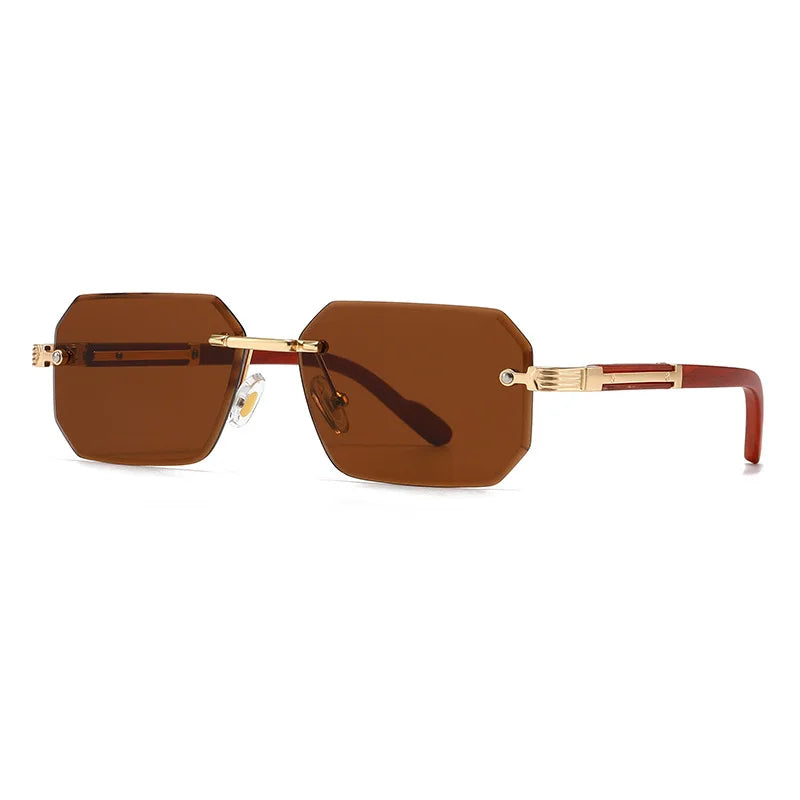 Brown Metal Diamond Cutting Rivet Rimless Sunglasses