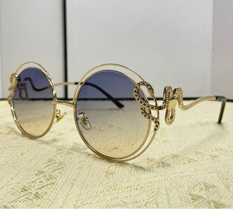 gradient blue lens Metal Hollow Frame Round Sunglasses