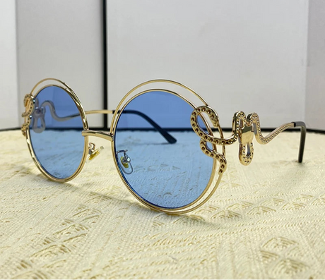 blue lens Metal Hollow Frame Round Sunglasses
