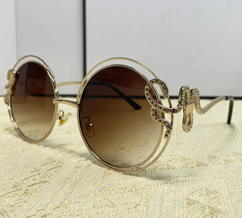 gradient brown lens Metal Hollow Frame Round Sunglasses
