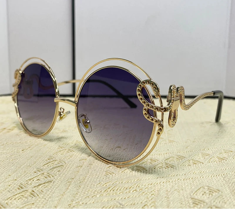 gradient blue lens Metal Hollow Frame Round Sunglasses