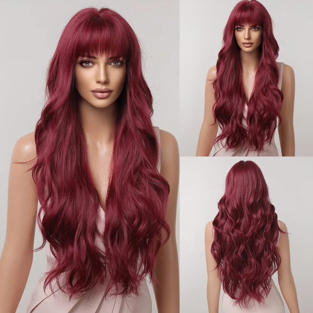 Red Long Natural Wavy with Bang Synthetic Wigs
