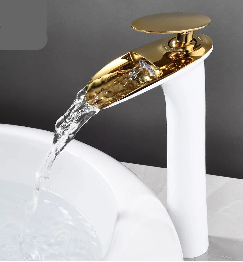 Modern white bathroom waterfall faucet with single hole design and hot/cold mixer