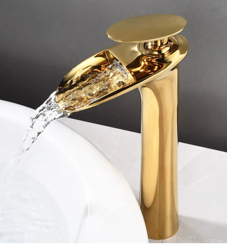 Modern white bathroom waterfall faucet with single hole design and hot/cold mixer