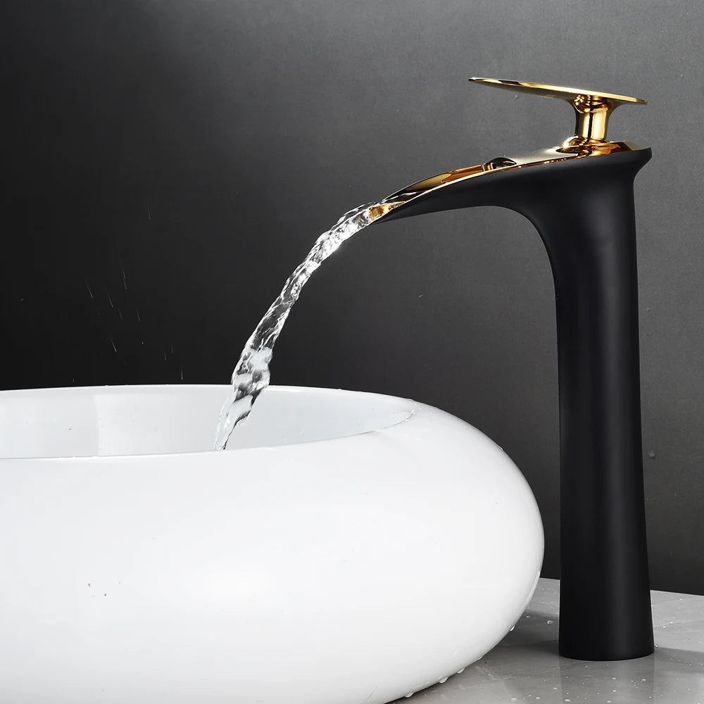 Modern white bathroom waterfall faucet with single hole design and hot/cold mixer