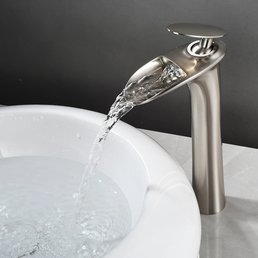 Modern white bathroom waterfall faucet with single hole design and hot/cold mixer