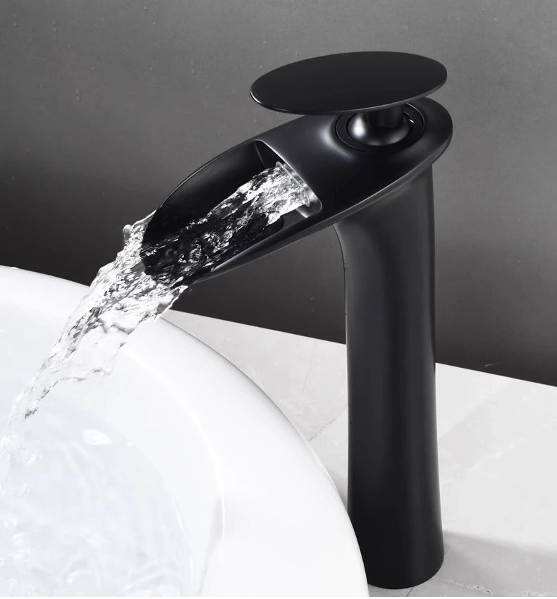 Modern white bathroom waterfall faucet with single hole design and hot/cold mixer