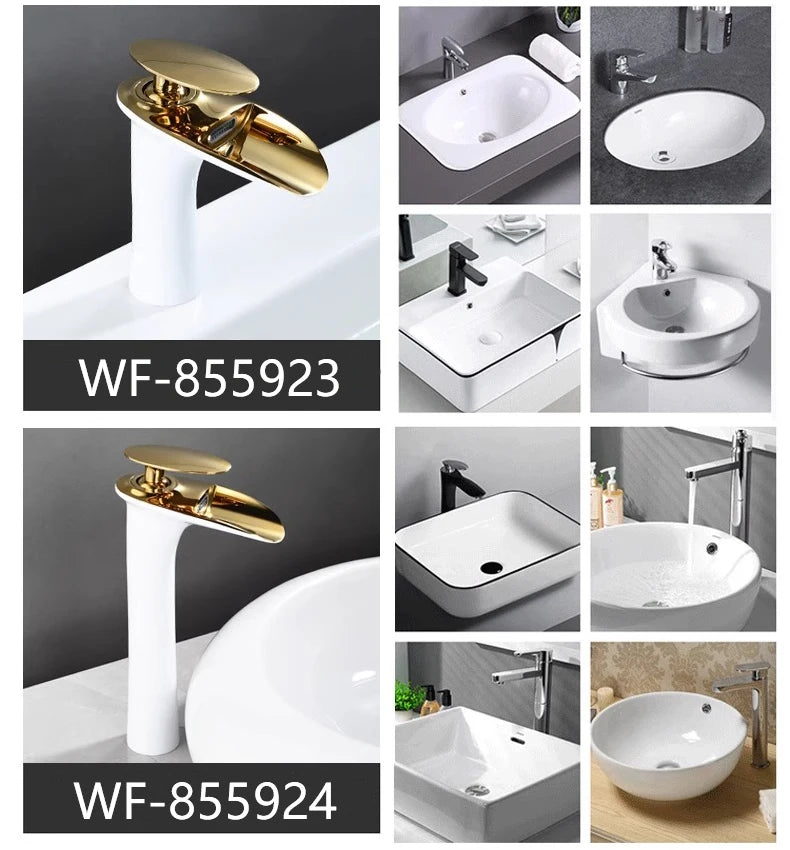 Modern white bathroom waterfall faucet with single hole design and hot/cold mixer