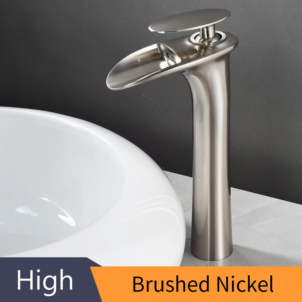 Modern white bathroom waterfall faucet with single hole design and hot/cold mixer