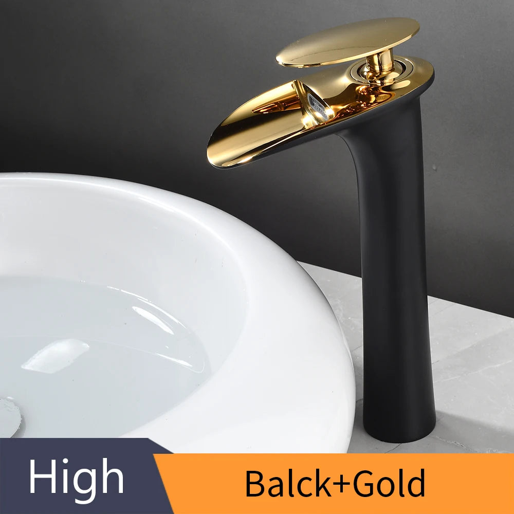 Modern white bathroom waterfall faucet with single hole design and hot/cold mixer