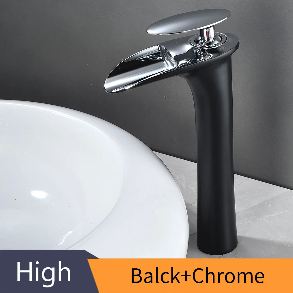 Modern white bathroom waterfall faucet with single hole design and hot/cold mixer