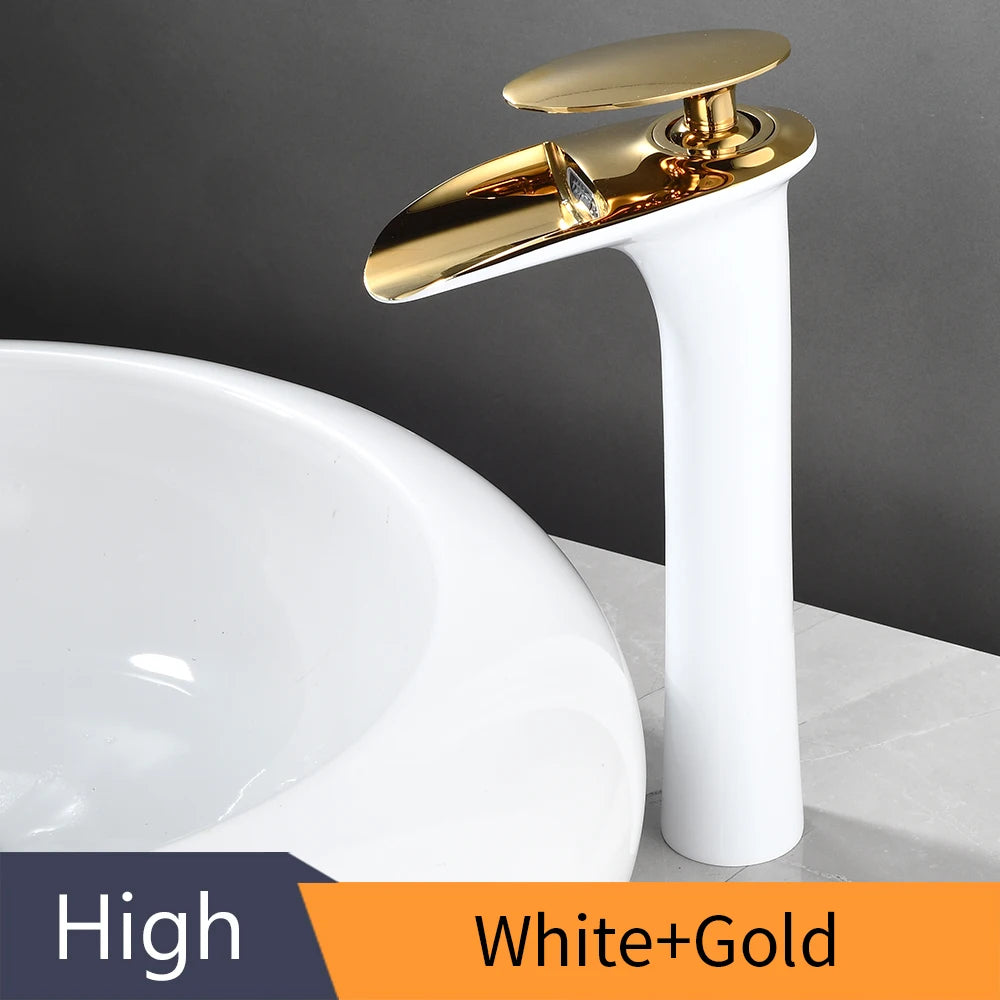 Modern white bathroom waterfall faucet with single hole design and hot/cold mixer