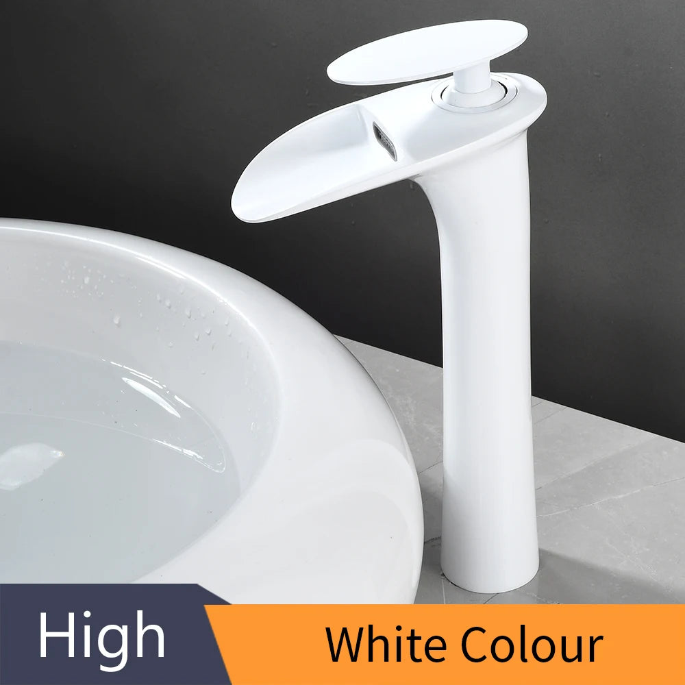 Modern white bathroom waterfall faucet with single hole design and hot/cold mixer