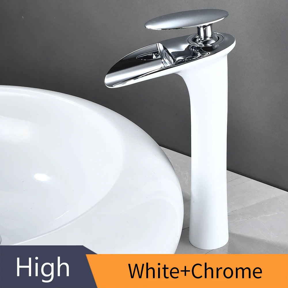 Modern white bathroom waterfall faucet with single hole design and hot/cold mixer