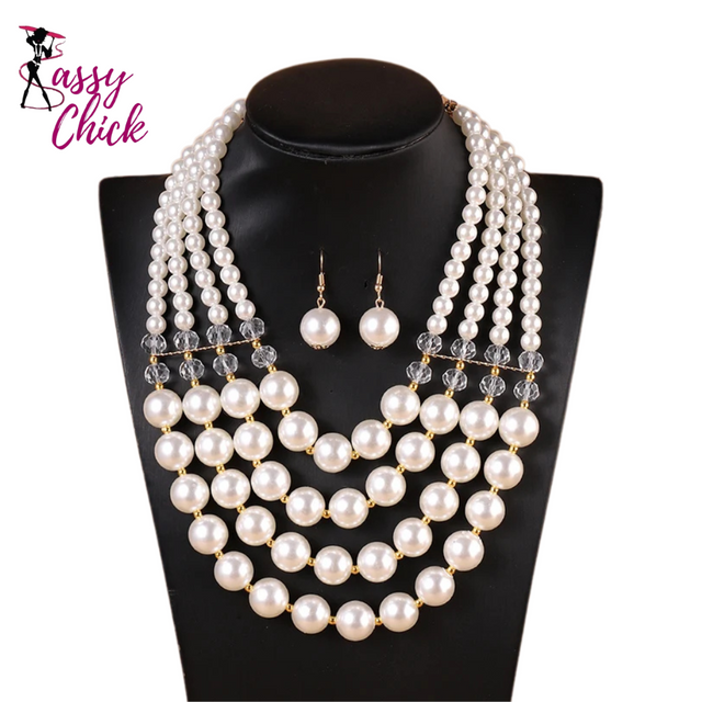 Multi-layer Beaded Imitation Pearl Jewelry Set Sassy Chick Logo