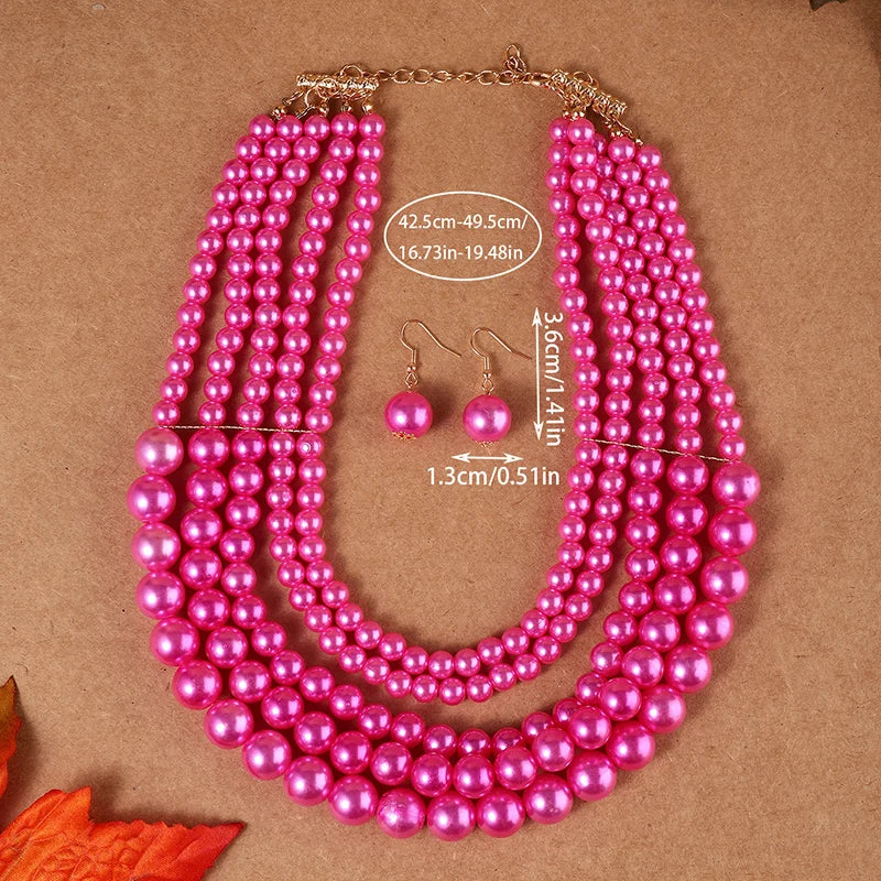 Pink size Multi-layer Beaded Imitation Pearl Jewelry Set