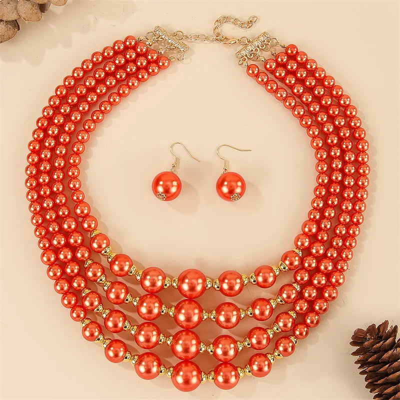 Orange Multi-layer Beaded Imitation Pearl Jewelry Set