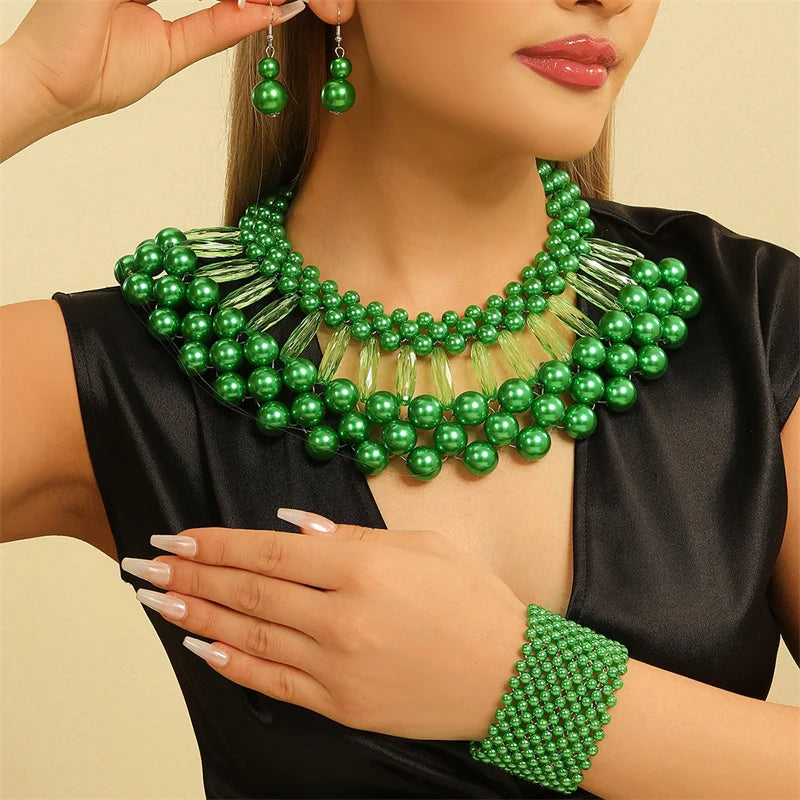 model using green Multi Layer Pearl Party Colorful Jewelry Set