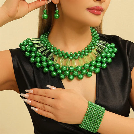 model using green Multi Layer Pearl Party Colorful Jewelry Set