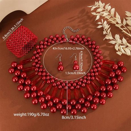 red Multi Layer Pearl Party Colorful Jewelry Set