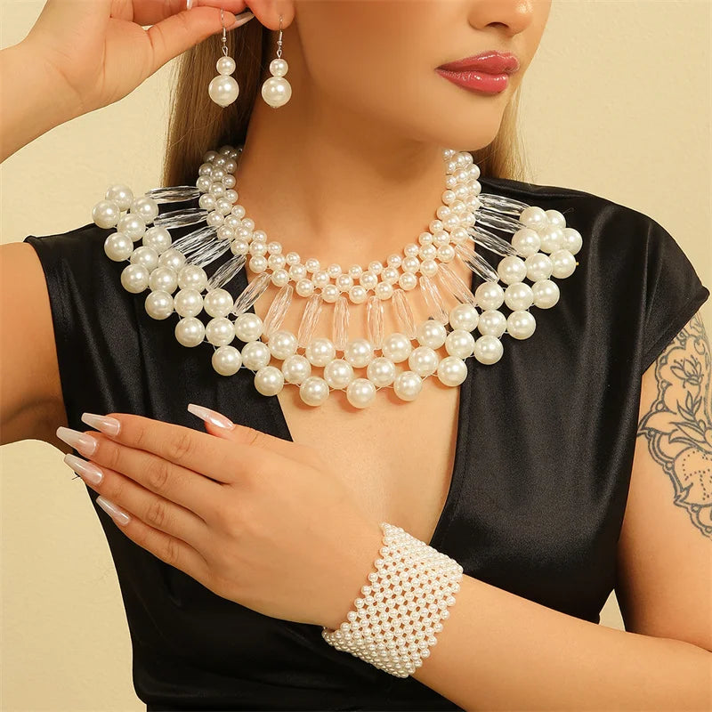 model using white Multi Layer Pearl Party Colorful Jewelry Set
