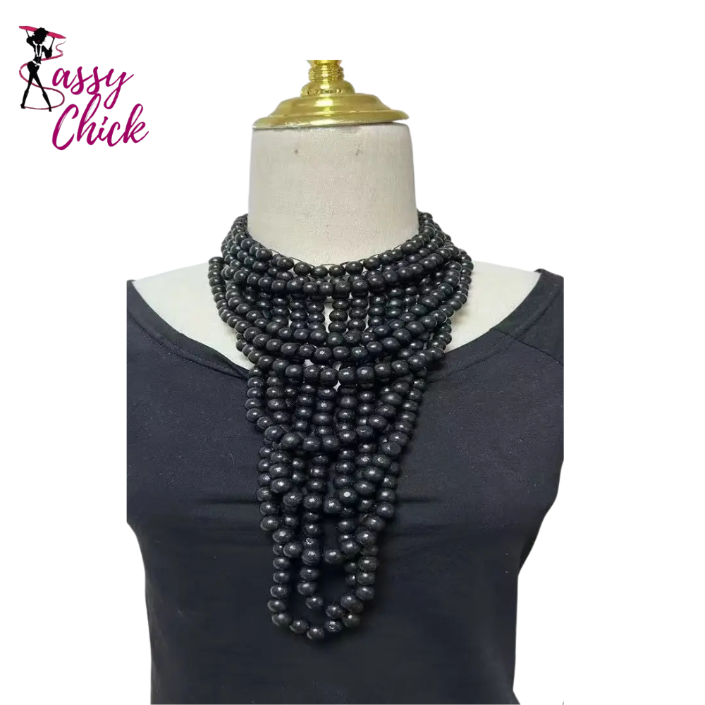Multi Layer Wood Bead Statement Necklace Jewelry Sassy Chick Logo