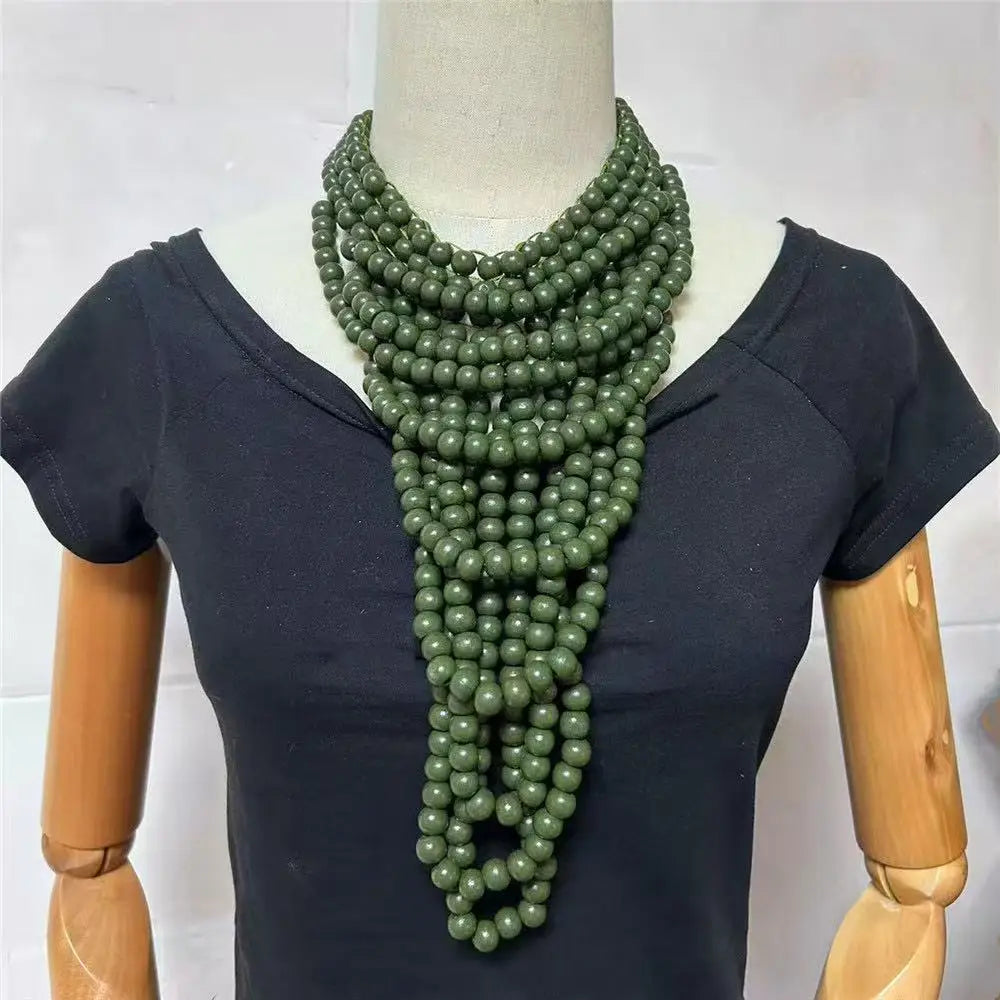 Green Multi Layer Wood Bead Statement Necklace Jewelry