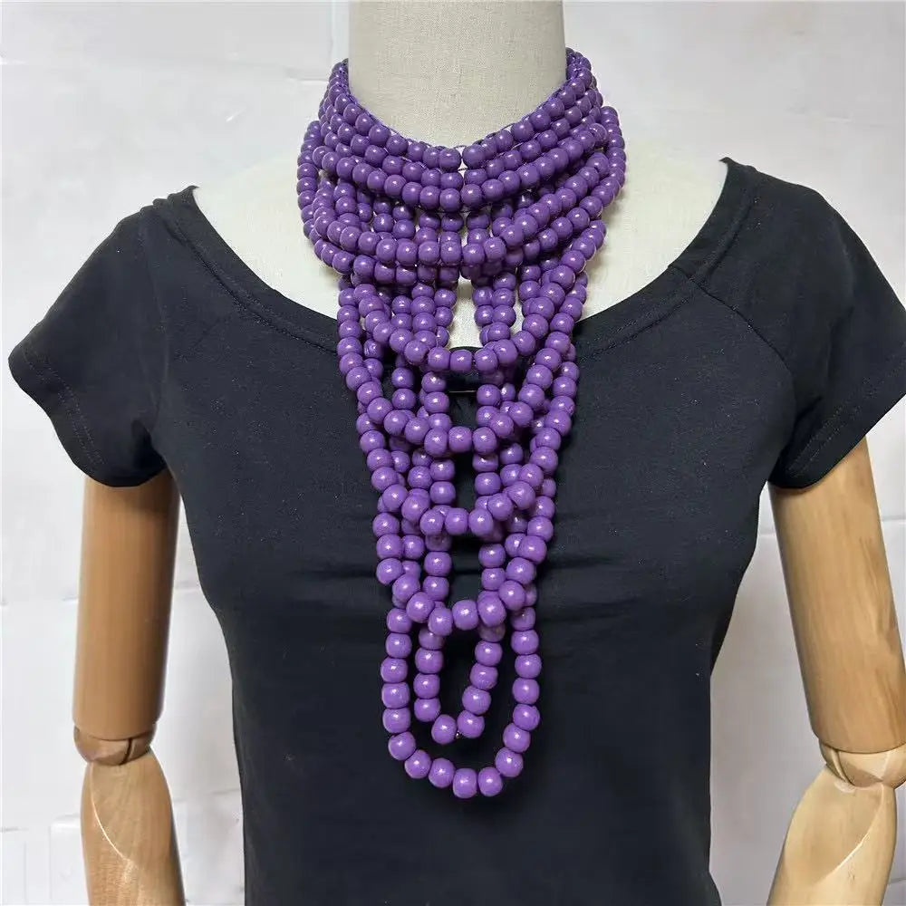 Purple Multi Layer Wood Bead Statement Necklace Jewelry