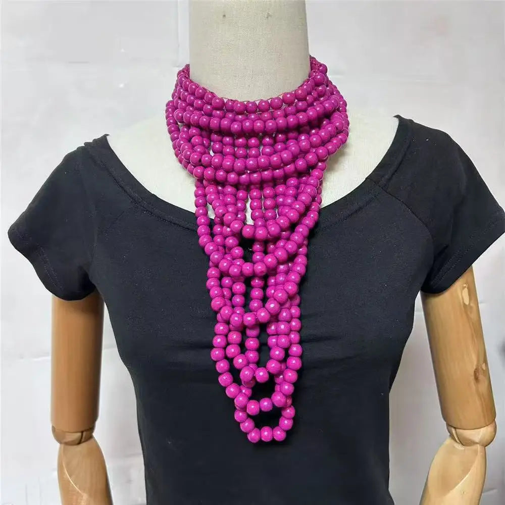Pink Multi Layer Wood Bead Statement Necklace Jewelry
