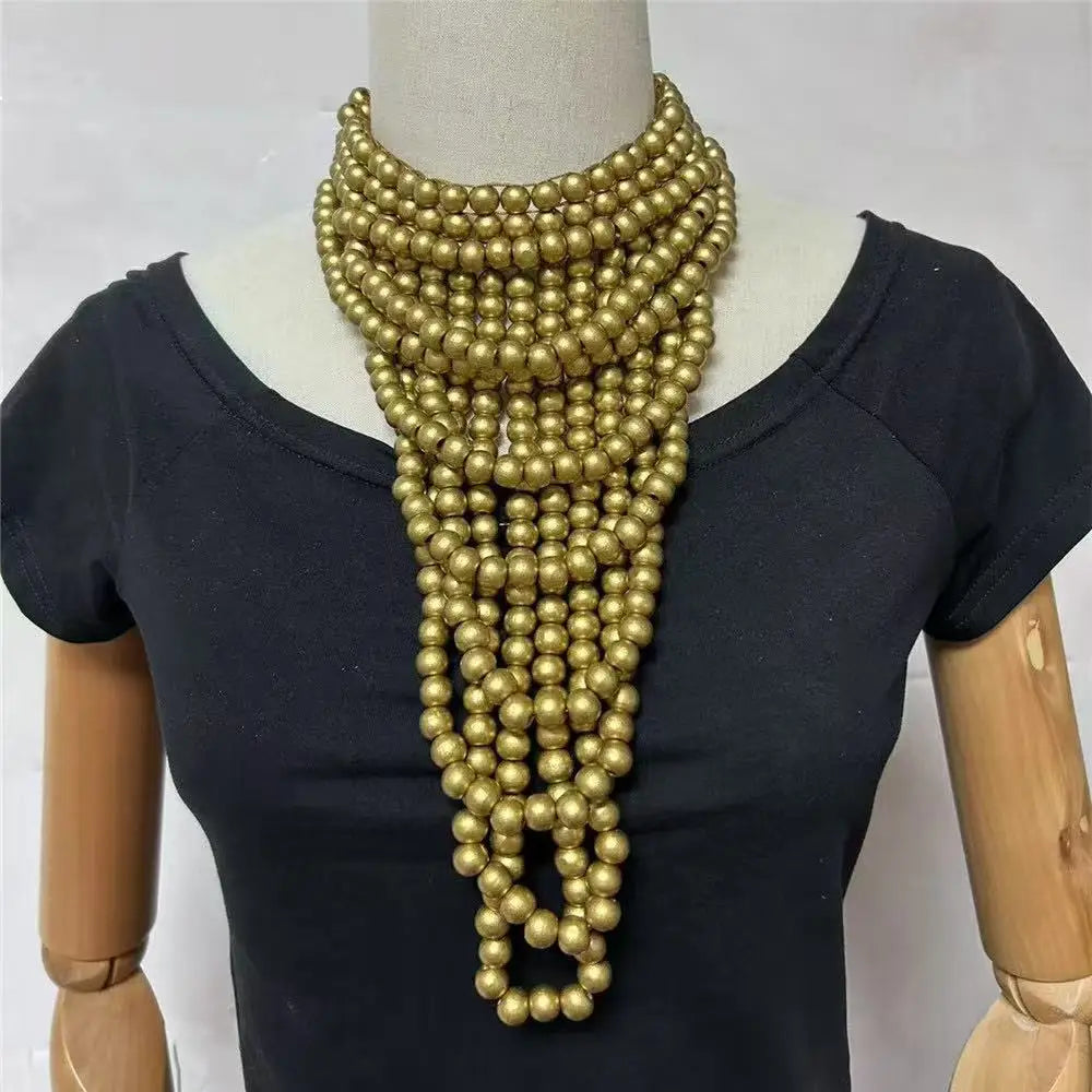 Gold Multi Layer Wood Bead Statement Necklace Jewelry
