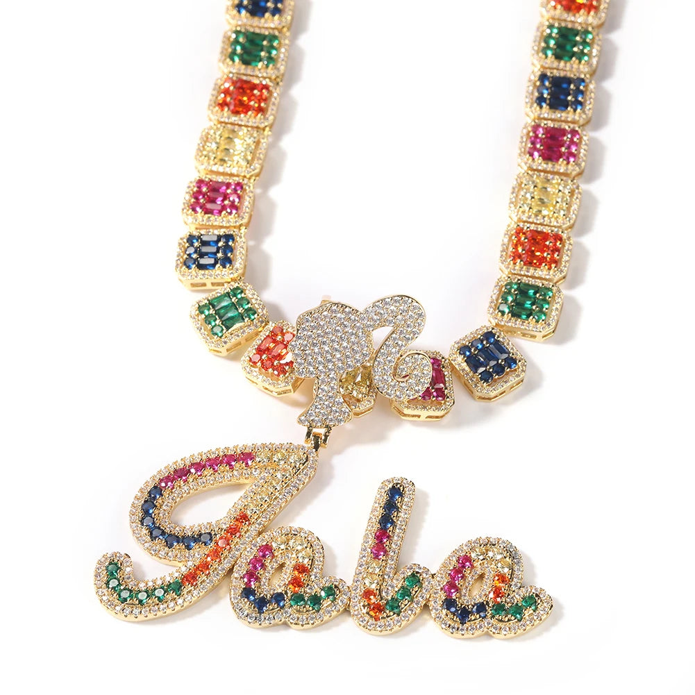 Multicolor Custom Brush Cursive Letter Icy Girl Necklace