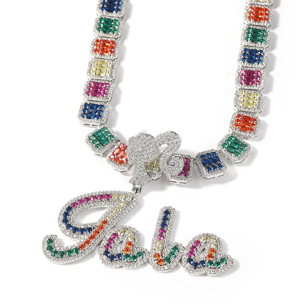 Multicolor Custom Brush Cursive Letter Icy Girl Necklace