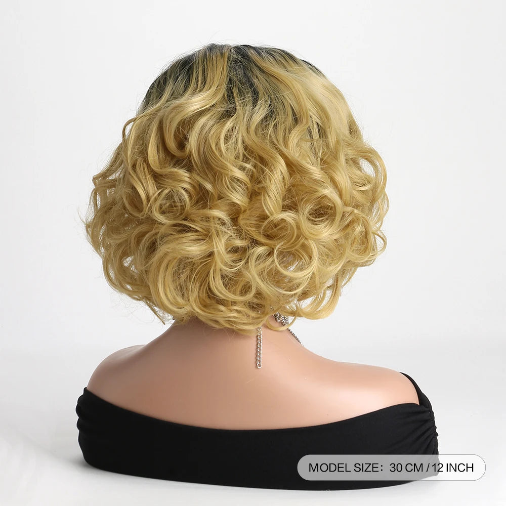 Back of Natural 12 Inch Short Black Gradient Gold Synthetic Wigs
