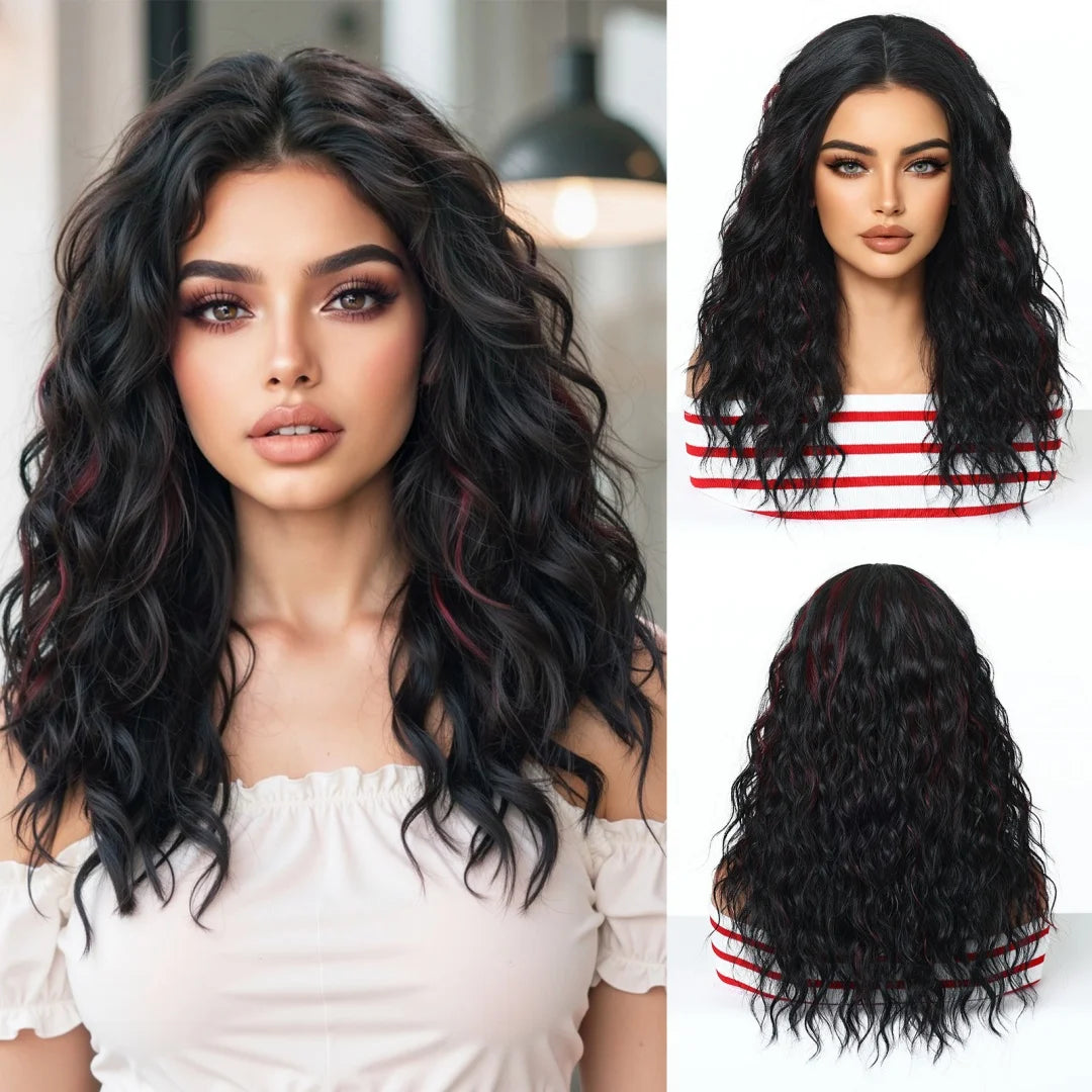 Natural Dark Brown Medium Length Wavy Synthetic Wigs